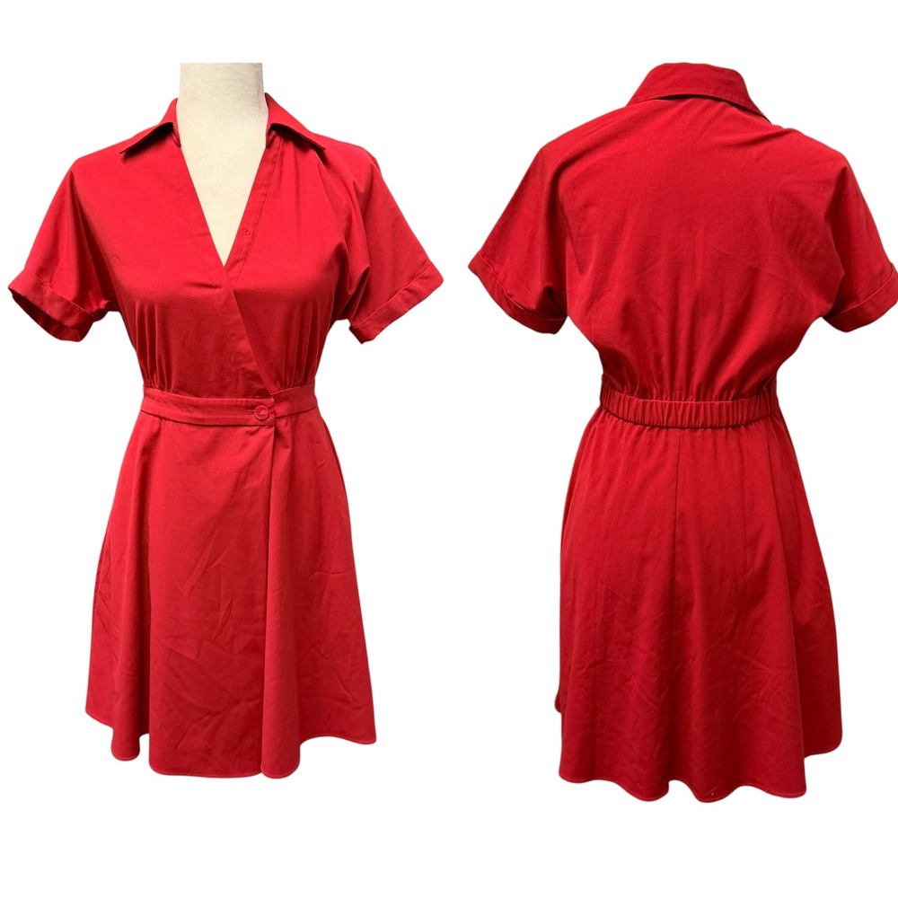 Goelia Wrap Dress Women XS Red Short Sleeve Collared V-Neck Office‎ Preppy